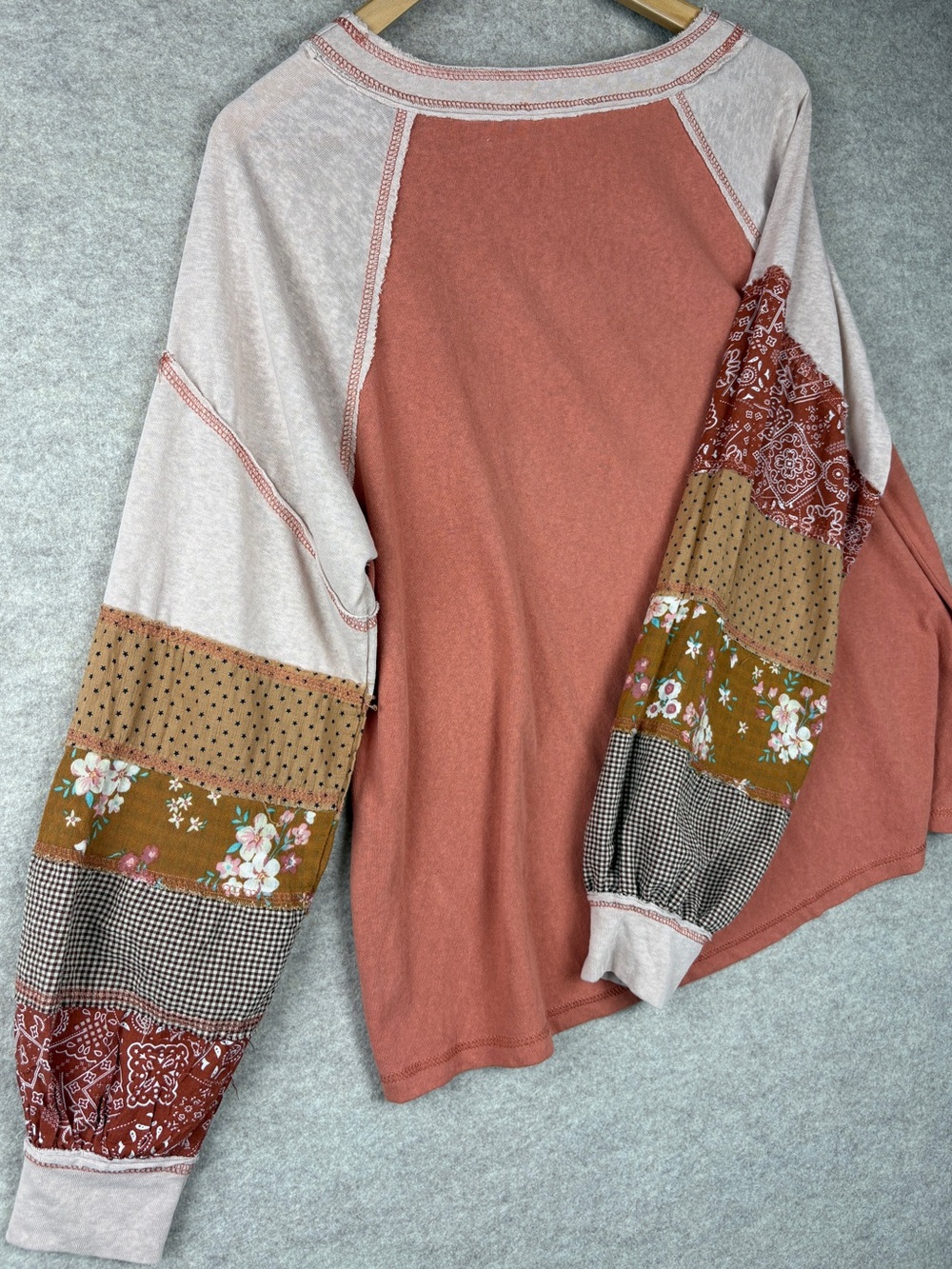 Easel Boho Mixed Media Patchwork Balloon Sleeve Top Terracotta Pink Medium - Picture 4 of 13